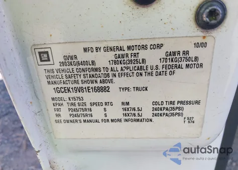 2001 Chevrolet Silverado Ls z USA, uszkodzony, nr VIN 1GCEK19V81E168882